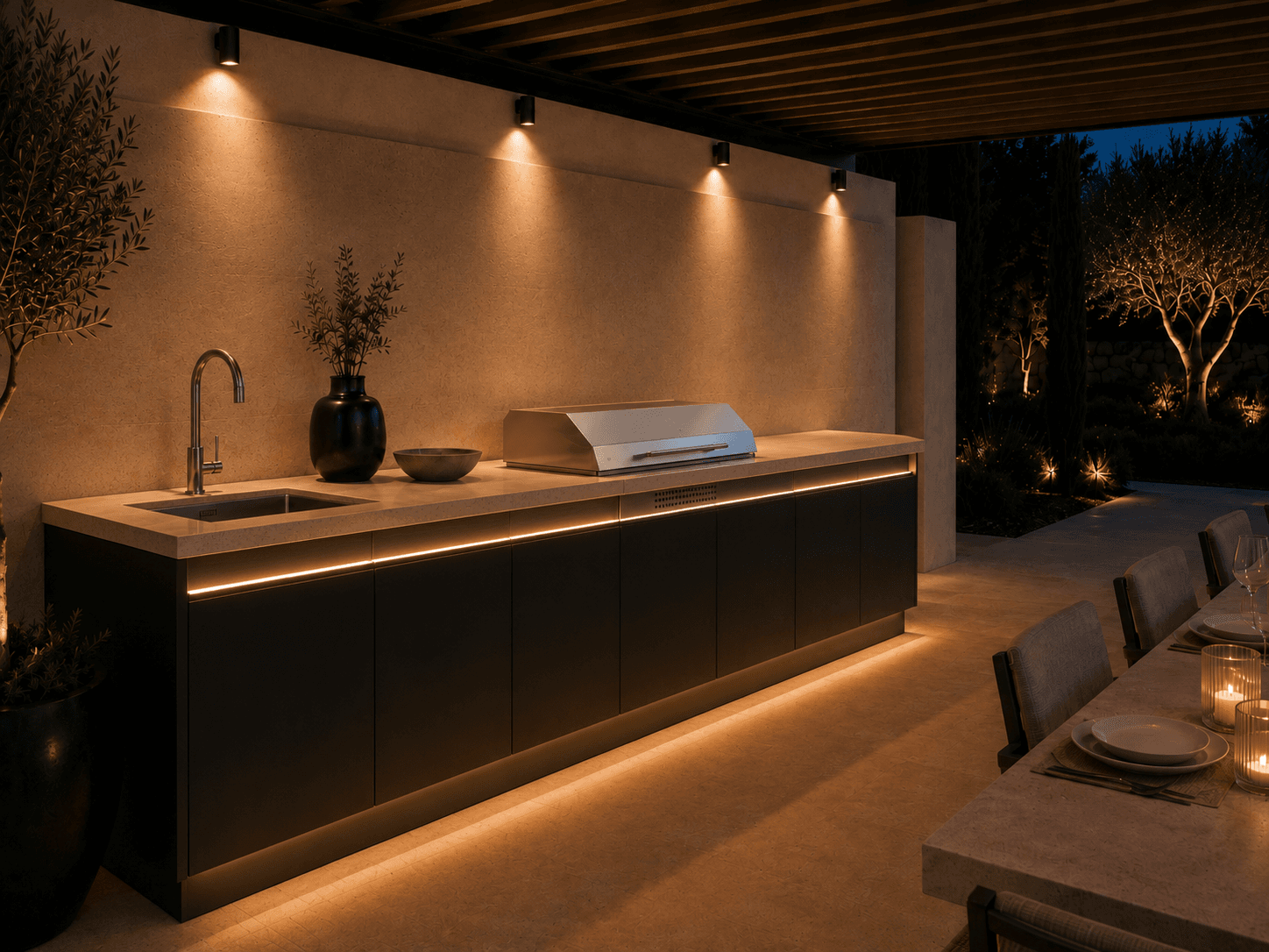 Cuisine d'été contemporaine éclairée à la tombée de la nuit, ambiance conviviale