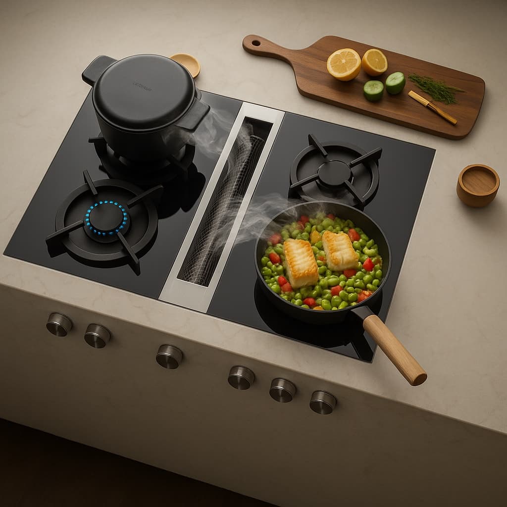 Table de cuisson BORA Professional à aspiration intégrée sur un îlot LEICHT